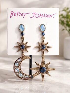 Betsey Johnson Gold-Tone Moon & Star Dangle Earrings with Blue Stones